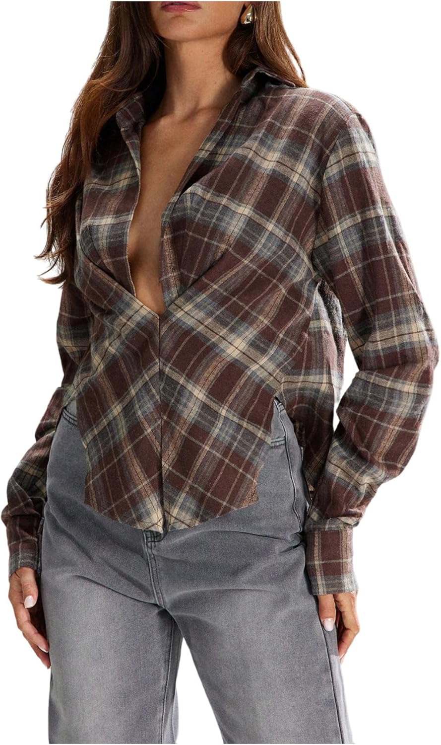 Milumia Women's Plaid Deep V Neck Collared Blouse Ruched Long Sleeve Casual Shirt Tops