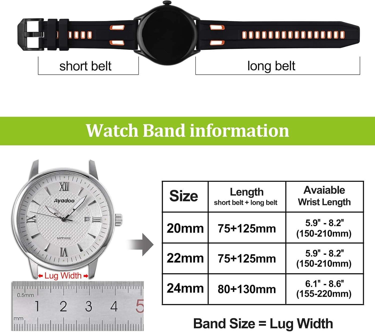Ayadoo 24mm Bi-color Silicone Watch Band, Quick Release Replacement, Black & Orange Watch Strap with Black Stainless Steel Buckle - Image 4