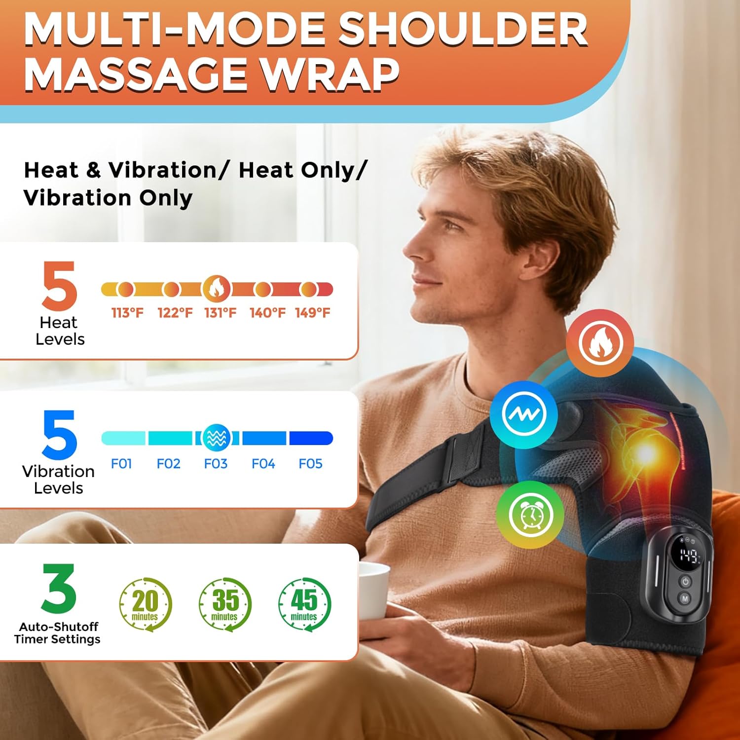 Cordless Shoulder Heating Pad with Massage, Heated Shoulder Wrap, Detachable Magnetic Controller Heated Shoulder Brace for Pain Relief with 5 Heats and Vibration Modes (Black)