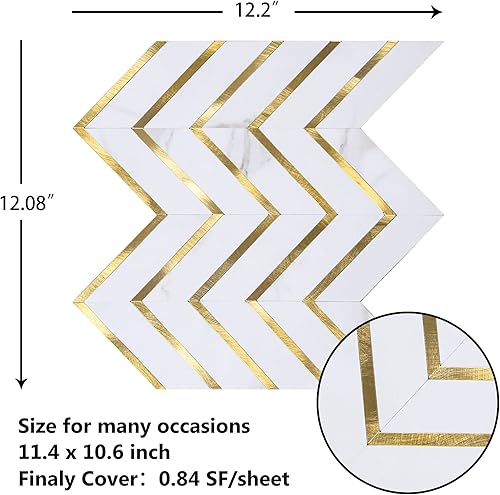 Miniatura 3 de KASARO 10 piezas de azulejos autoadhesivos decorativos con patrón de espiga para cocina y dormitorio, blanco + metal dorado