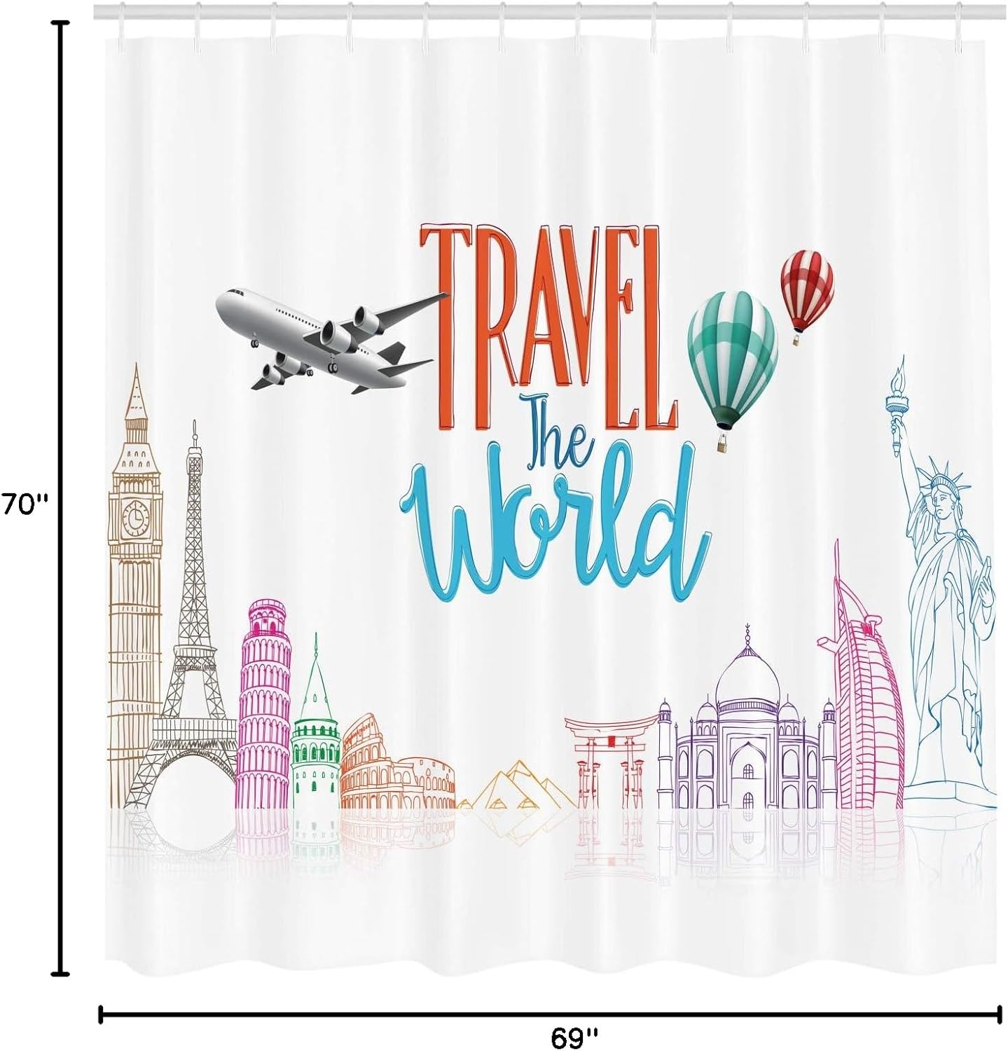 Ambesonne Saying Shower Curtain, Travel The World Lettering Around Globe Landmarks Balloons Work of Art Image, Cloth Fabric Bathroom Decor Set with Hooks, 69" W x 70" L, Multicolor Off White
