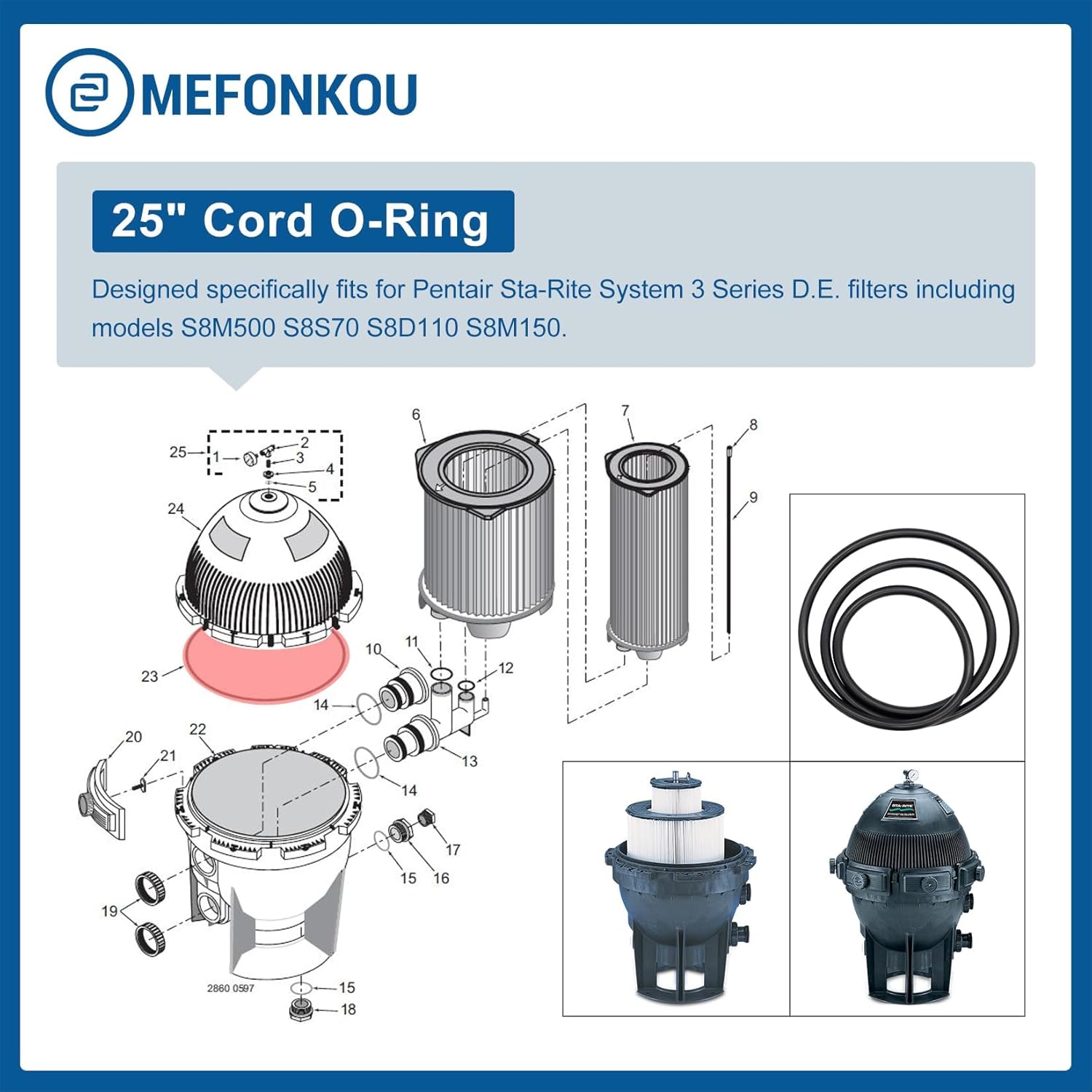 24850-0009 25" Cord Tank O-Ring for Pentair Sta-Rite System 3 Series Models S8M500 S8S70 S8D110 S8M150 and Pool & Spa D.E. Filters Replace O-486