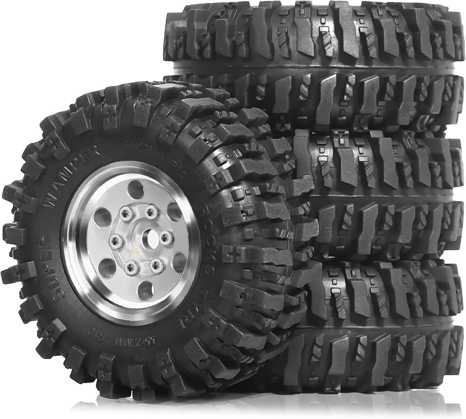 1.0 Tires and Beadlock Wheels Rims 7mm Hex Offset -2.5mm 1/24 1/18 Sticky All-Terrain Tyres OD 2.2" for 1:24 1:18 RC Rock Crawler Car Axial SCX24 FMS AX24 FCX24 FCX18 TRX4M 4Pcs (Silver)