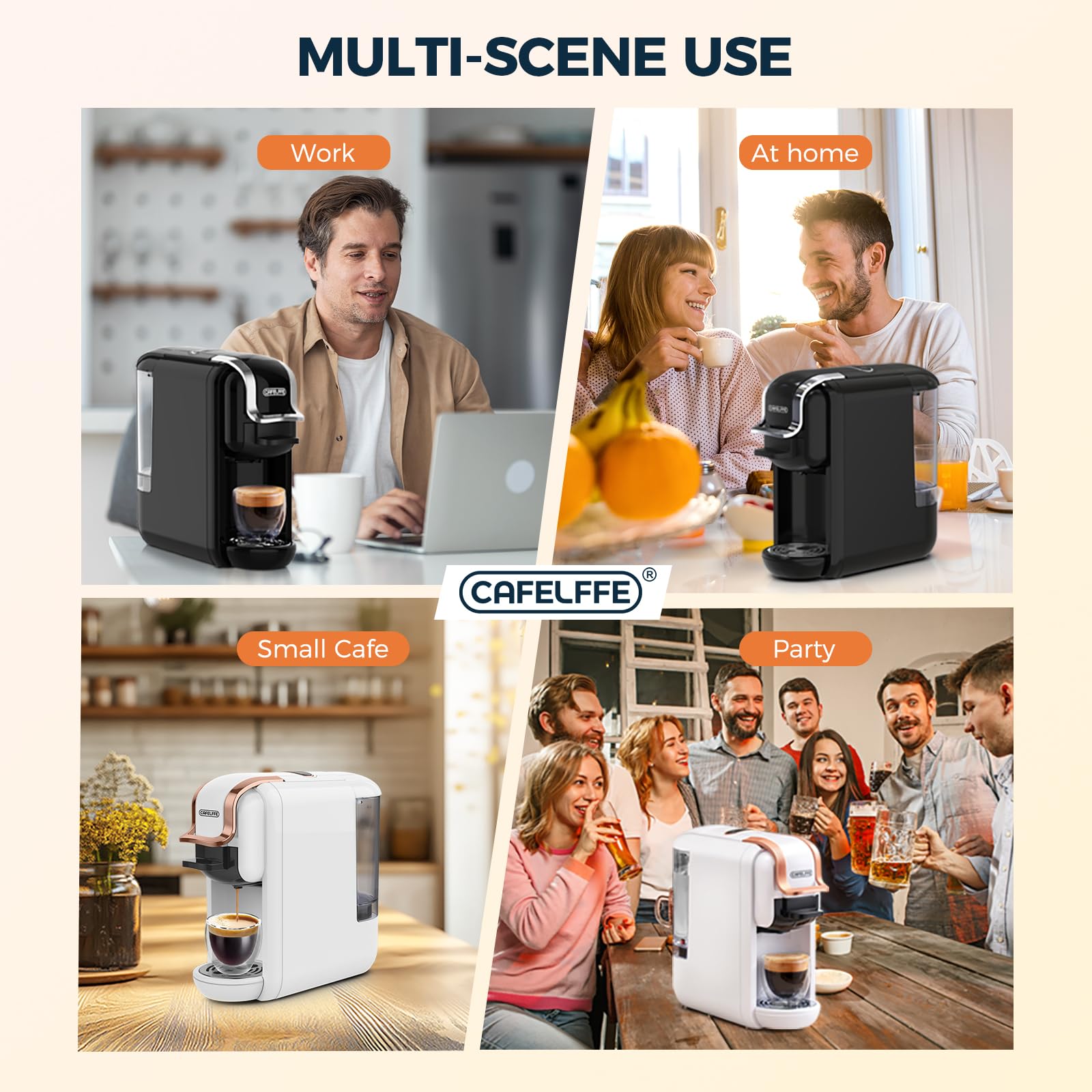 Cafelffe MK-603 Machine à café multi-capsules 4-en-1 pour une seule portion, Machine à expresso chaud/froid 19 bars, Compatible avec les dosettes et le café moulu Nes Original/DG/ESE, 1450W, blanc