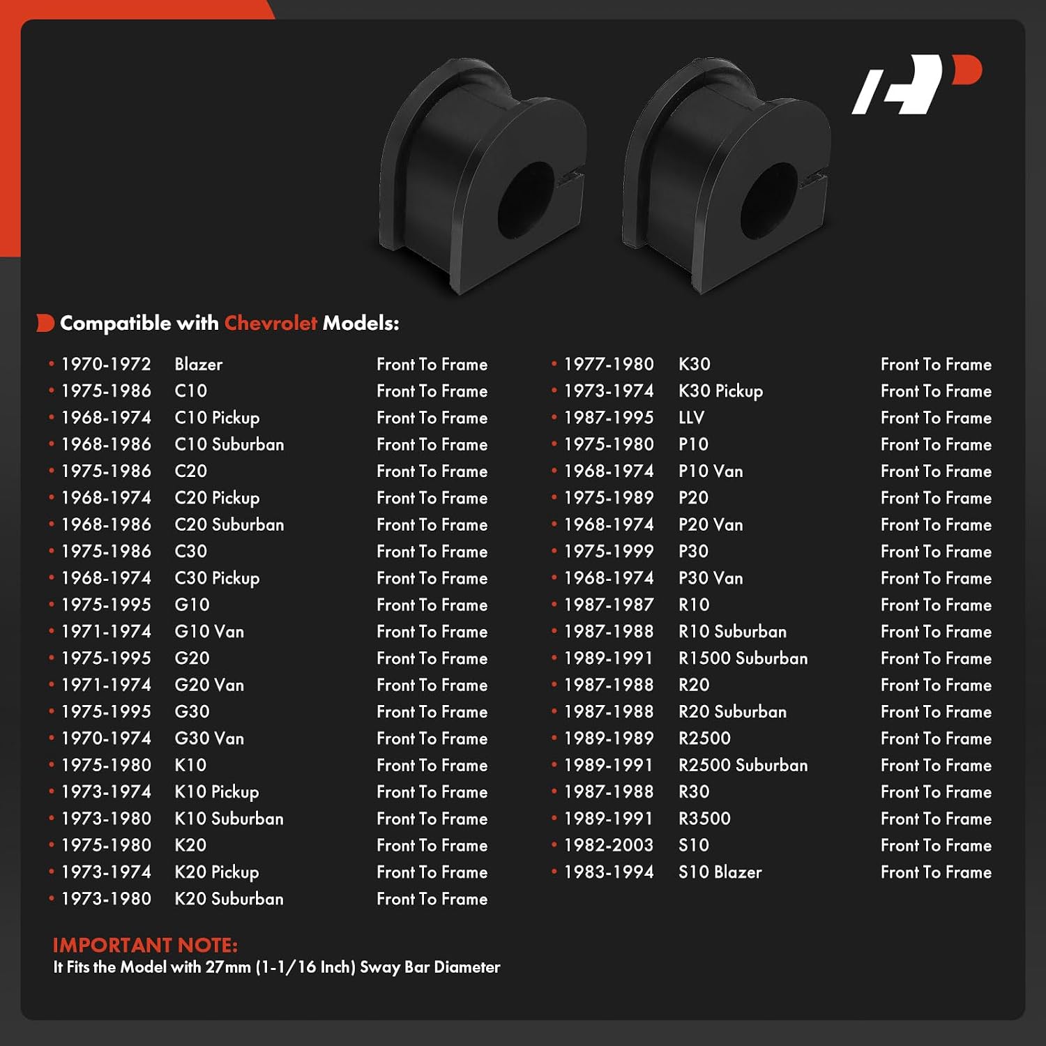 A-Premium 2 x Front To Frame or Front To Control Arm Sway Bar Bushing Kit, Compatible with Chevrolet Blazer C10 C30 Pickup G30 Van LLV R1500 Suburban R20 S10 & GMC C15 G25 Jimmy K35 S15 Sonoma P1500