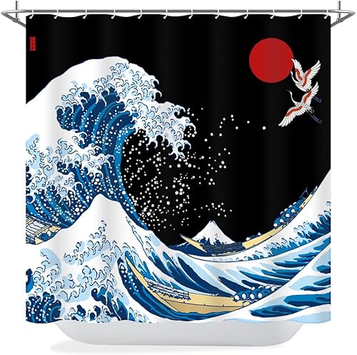 Cortina de ducha grande ondulada con 12 ganchos para cortina de ducha, cortina de ducha negra y azul, cortina de ducha moderna de 72 x 72 pulgadas