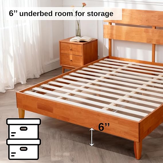 VINGLI Solid Wood Queen Size Bed Frame with Headboard, Mid-Century Modern Platform Panel Bed,Brown