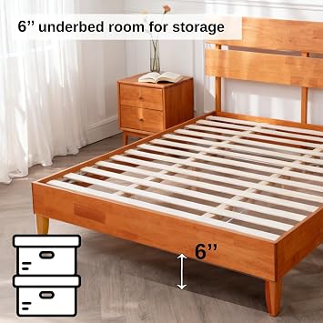 VINGLI Solid Wood Queen Size Bed Frame with Headboard, Mid-Century Modern Platform Panel Bed,Brown