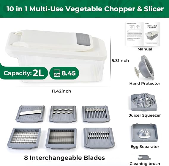 SUSTEAS Vegetable Chopper Mandoline Slicer, 6 Blade Chopper, 10-in-1 Gray