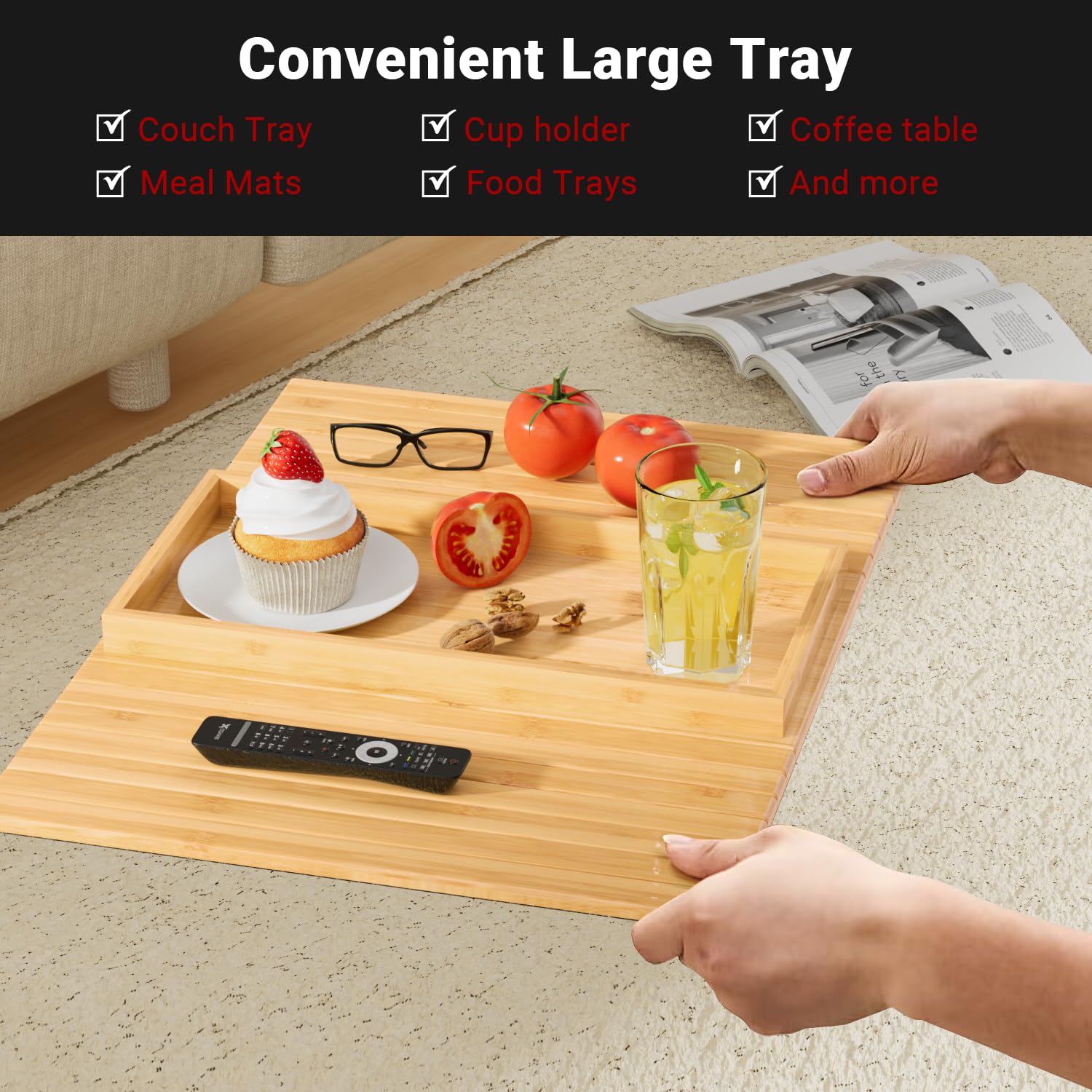 Bamboo Sofa Arm Tray – Clip-On Table With Cup Holders For Remote, Phone, & Snacks - View #2