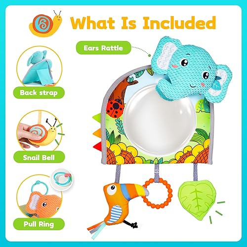 Miniatura 4 de Koty Juguete para asiento de automóvil – Centro de actividades para patear y jugar con espejo, mordedor y sonido crujiente, divertido juguete