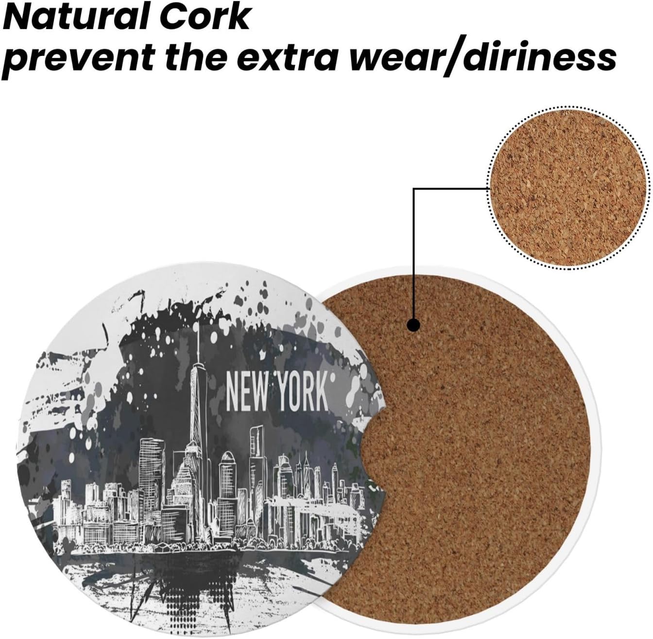 New York Car Coasters for Cup Holder, 2 Pack Absorbent Ceramic Car Coaster with Finger Notch & Cork Base - Image 5