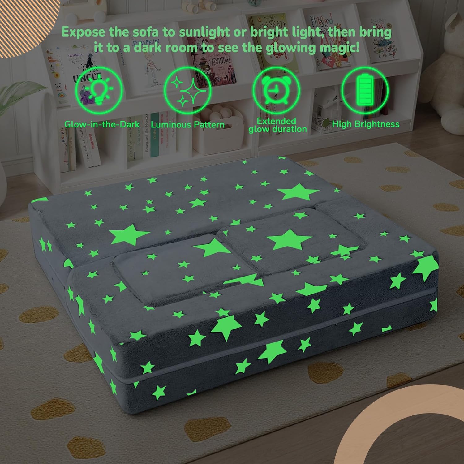 MeMoreCool Modular Kids Play Couch Sofa – Glow-in-the-Dark Star Design, Fold-Out Toddler Couch for Playroom Furniture, Grey