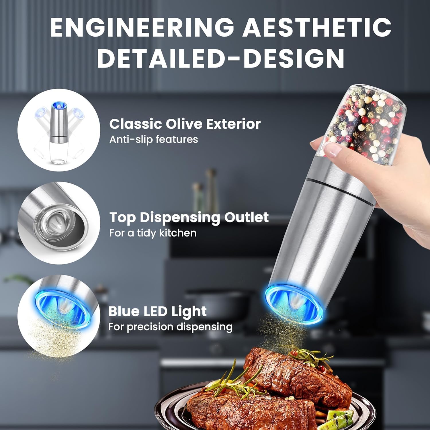 Electric Gravity Salt and Pepper Grinder Set, Shakers with Adjustable Coarseness, Battery Powered, LED Light, One Hand Automatic Salt and Pepper Grinder, Stainless Steel Black, 2-Pack (Silver)