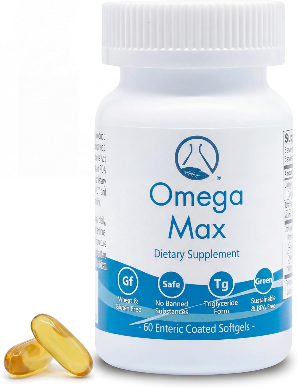 Omega Max No Burp Fish Oil Dietary Supplement - Omega 3 EPA DHA Supplement for Heart, Brain and Vision - Premium Fish Oil Co-Developed by NASA, 60 ct Enteric Softgels (2000mg/serving)