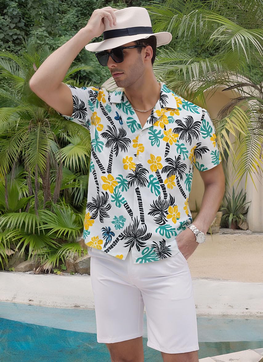 Camicia hawaiana da uomo a maniche corte floreale con palma abbottonata tropicale vacanza spiaggia camicia