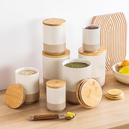 Miniatura 7 de vancasso Sabine - Juego de recipientes grandes de cerámica con tapas de madera herméticas, 2 tarros de almacenamiento de alimentos de cocina para