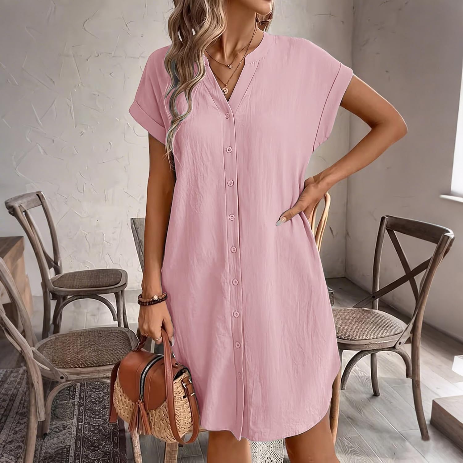 Womens V Neck Button Down Shirt Dress Short Sleeve Loose Cotton Linen Dress Curved Hem Summer Beach Tunic Dresses