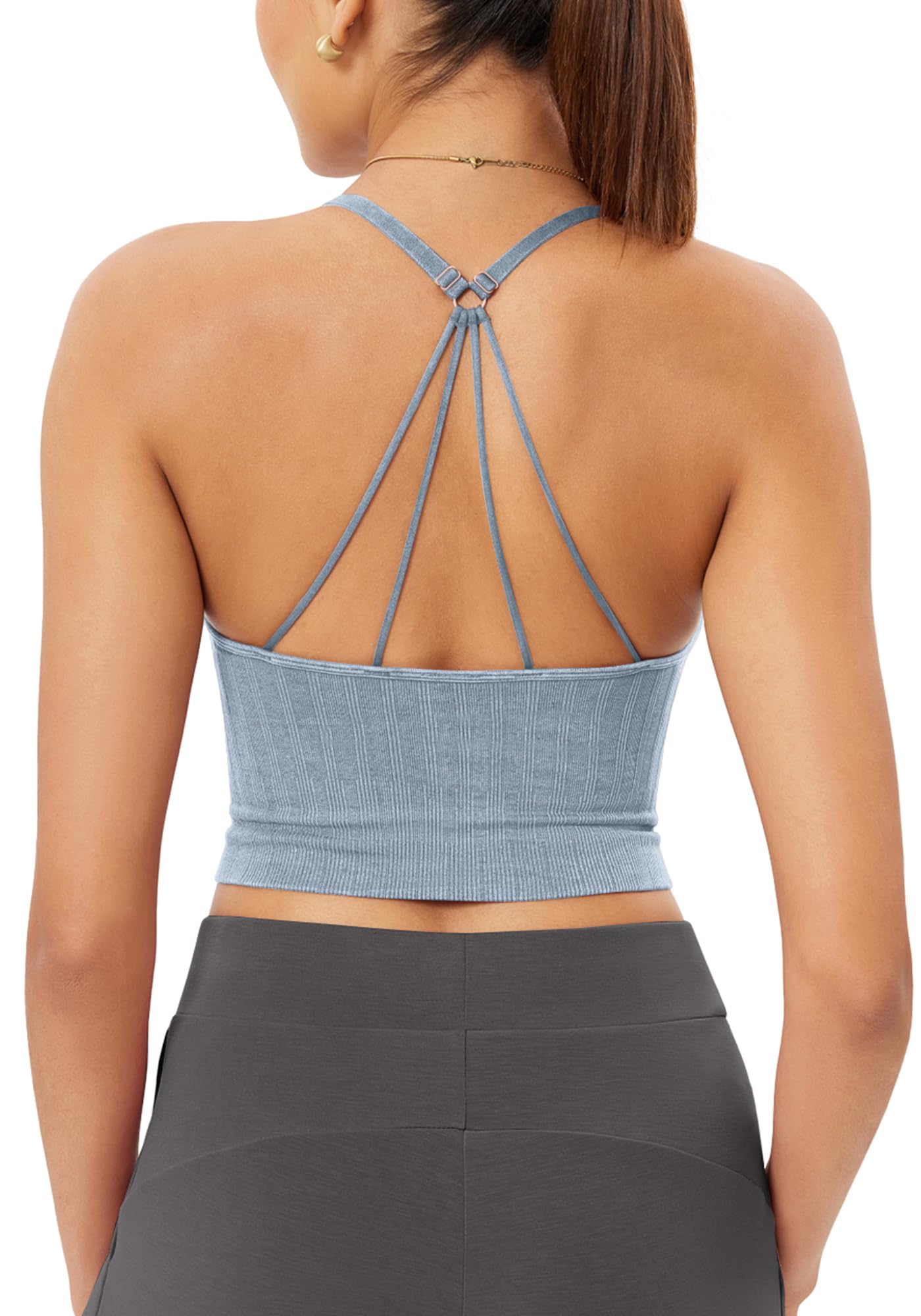 ODODOS Seamless Padded Sports Bra for Women Strappy Longline Wirefree Brami Ribbed Crop Tank Tops