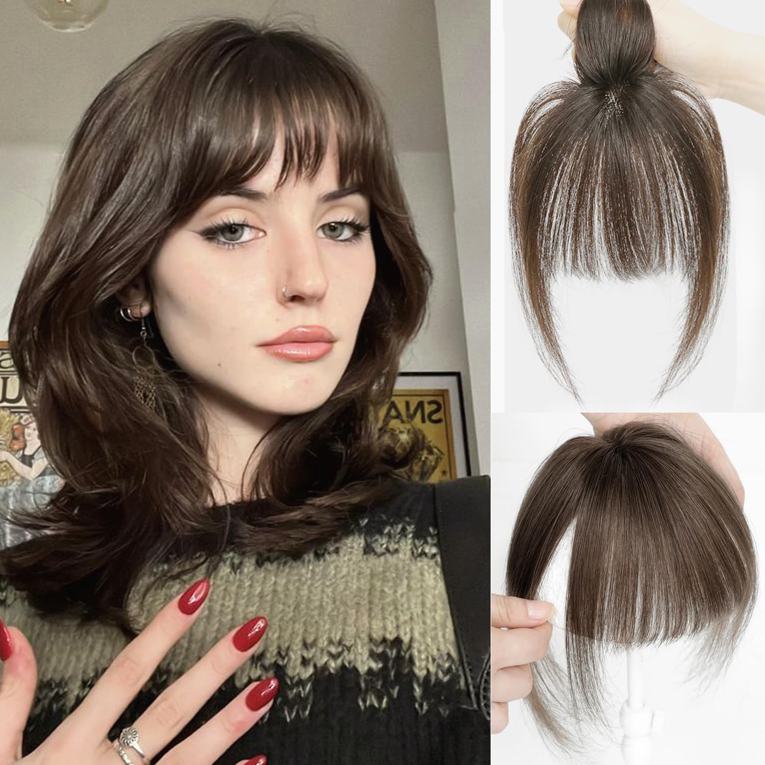 Lasunork Clip in Fringe, Fringe Clip in Hair, Hair Extensions Clip in, Clip in Hair Extensions Clip in Bangs Real Human Hair 360°Cover Hair Topper For Daily Wear (Medium Brown)