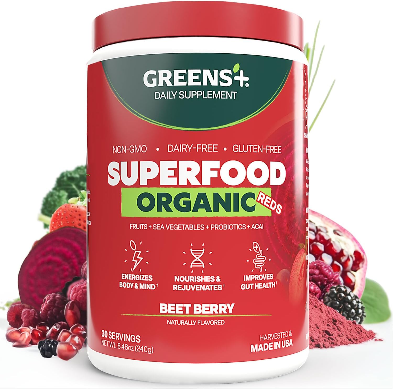 Greens+ Organic Reds Superfood Powder, Antioxidant, Polyphenol, Blend for Morning Kick, Energy, Vitality Boost, Nutrition, Vibrant Health, Vegan Soy/Dairy/Gluten Free(8.46oz)