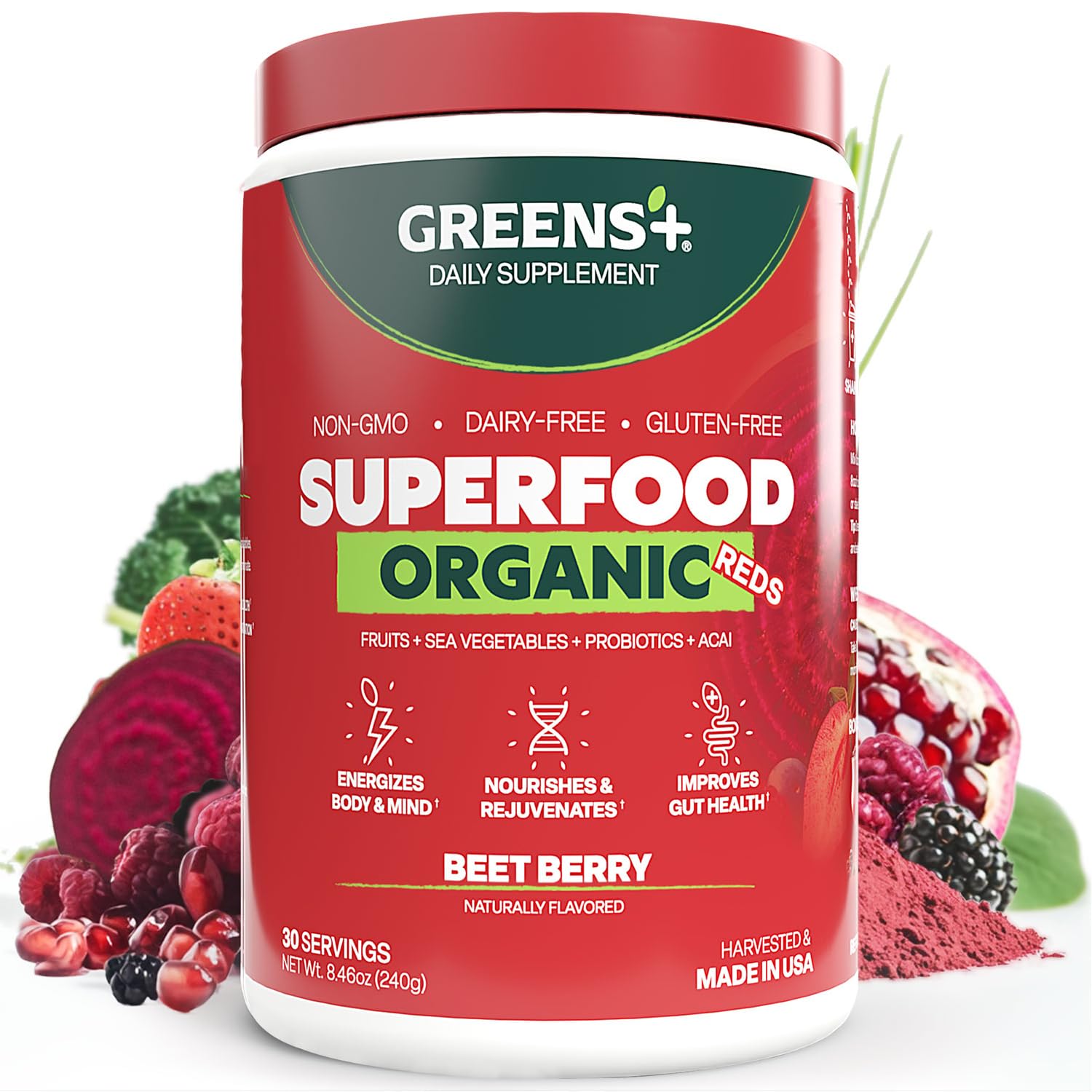 Organic Reds Superfood Powder, Antioxidant, Polyphenol, Blend for Morning Kick, Energy, Vitality Boost, Nutrition, Vibrant Health, Vegan Soy/Dairy/Gluten Free(8.46oz)