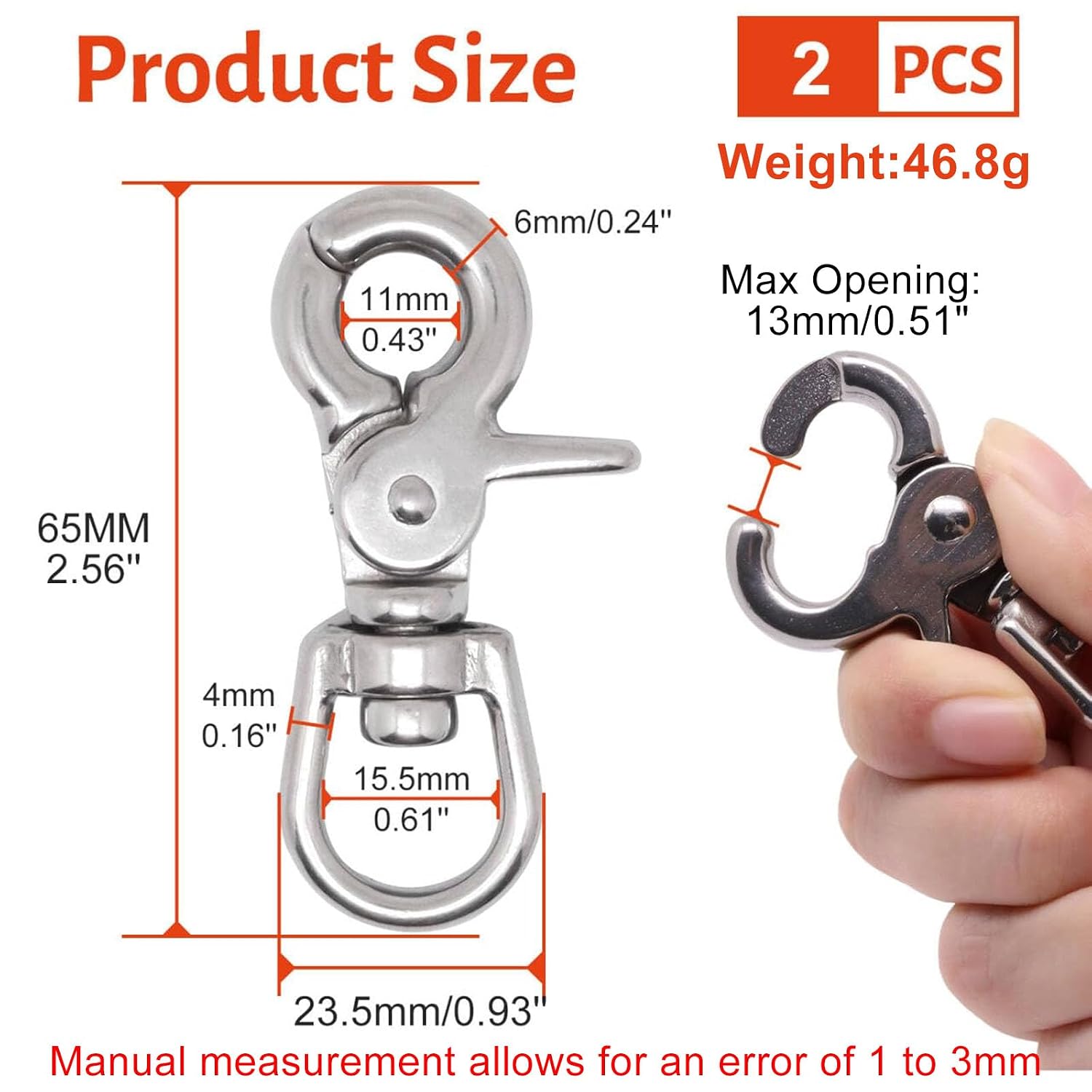2 Pcs 2.56" Trigger Snaps Swivel Hooks, 316 Stainless Steel