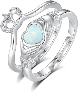 Claddagh Rings for Women Opal October Birthstone Ring Stacked Sterling Silver Irish Jewelry Celtic Knot Heart Hand Crown Promise Gift Engagement Wedding Birthday Anniversary Valentine