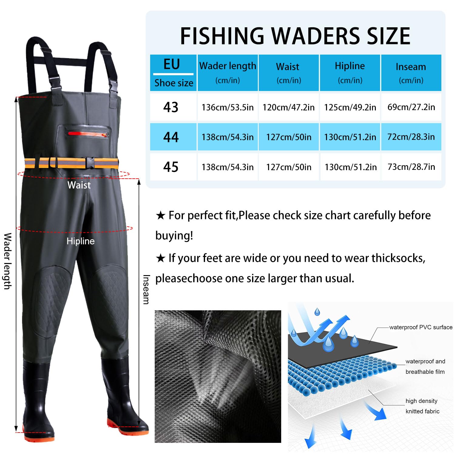 ZeiLaBang Kakadi Waders pour homme et femme - Pantalon de pêche avec bottes, poche poitrine et sangle réglable