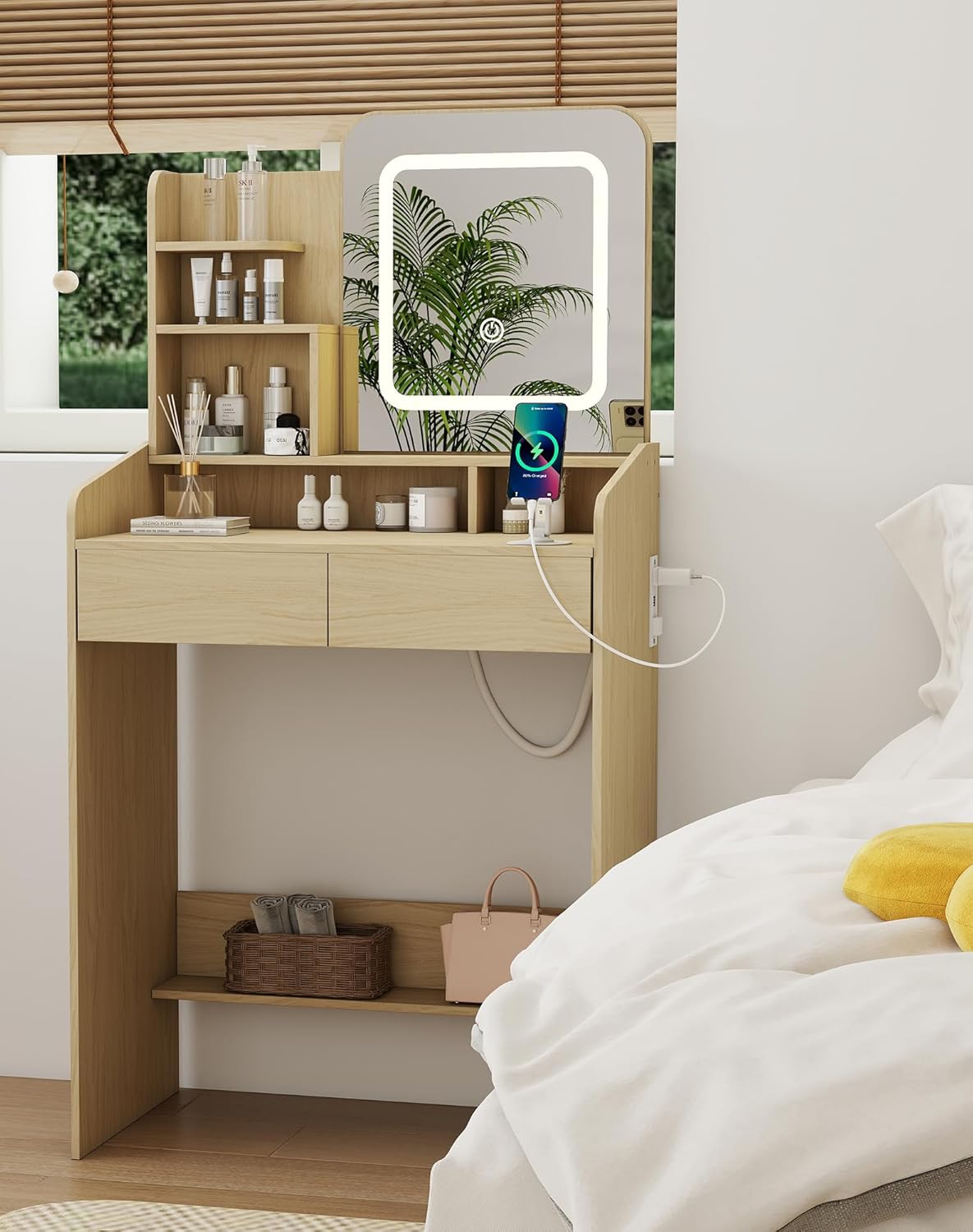 Small Makeup Vanity Desk for Girls with Lighted Mirror, 26.5” W Dressing Table with 2 Drawers and Power Outlet, 3 Light Modes & Adjustable Brightness, Vanity Table for Women Bedroom,Natural - Image 8