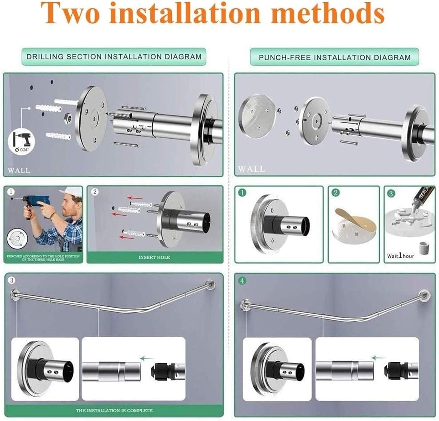 L Shape Extendable Shower Curtain Rod Curved No Drill Shower Telescopic Curtain Rail for Bath,Stainless Steel Bathroom Curtain Hanger Pole 100% Rustproof (Size : 70 to 95 x 90 to 130cm)