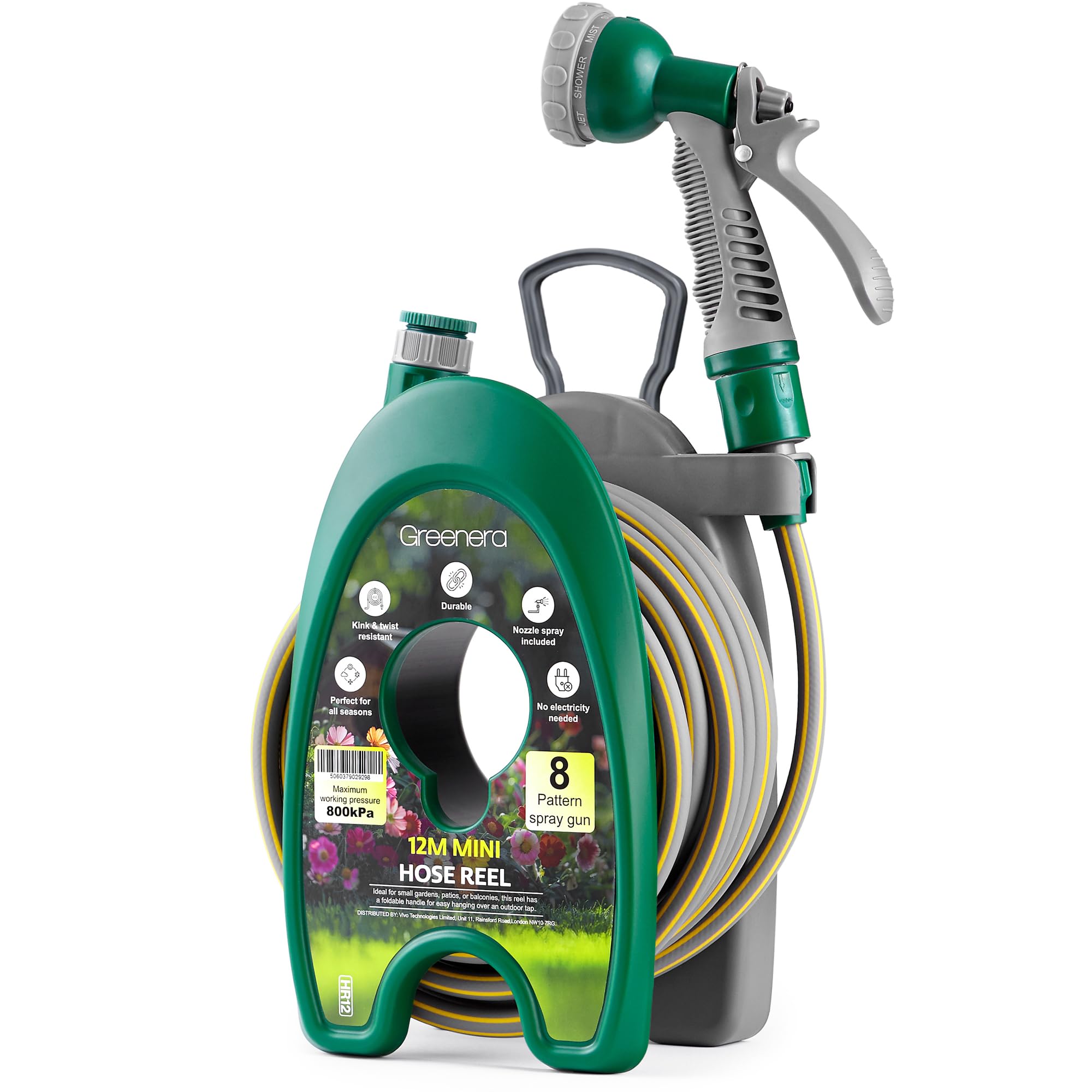 Garden Hose Reel 12M, 39ft Compact Hosepipe with 8-Pattern Water Spray Gun, Adjustable Nozzles, Portable Compact Hosepipe Mini Garden Hose Pipe Reel for Gardens, Patio Balconies