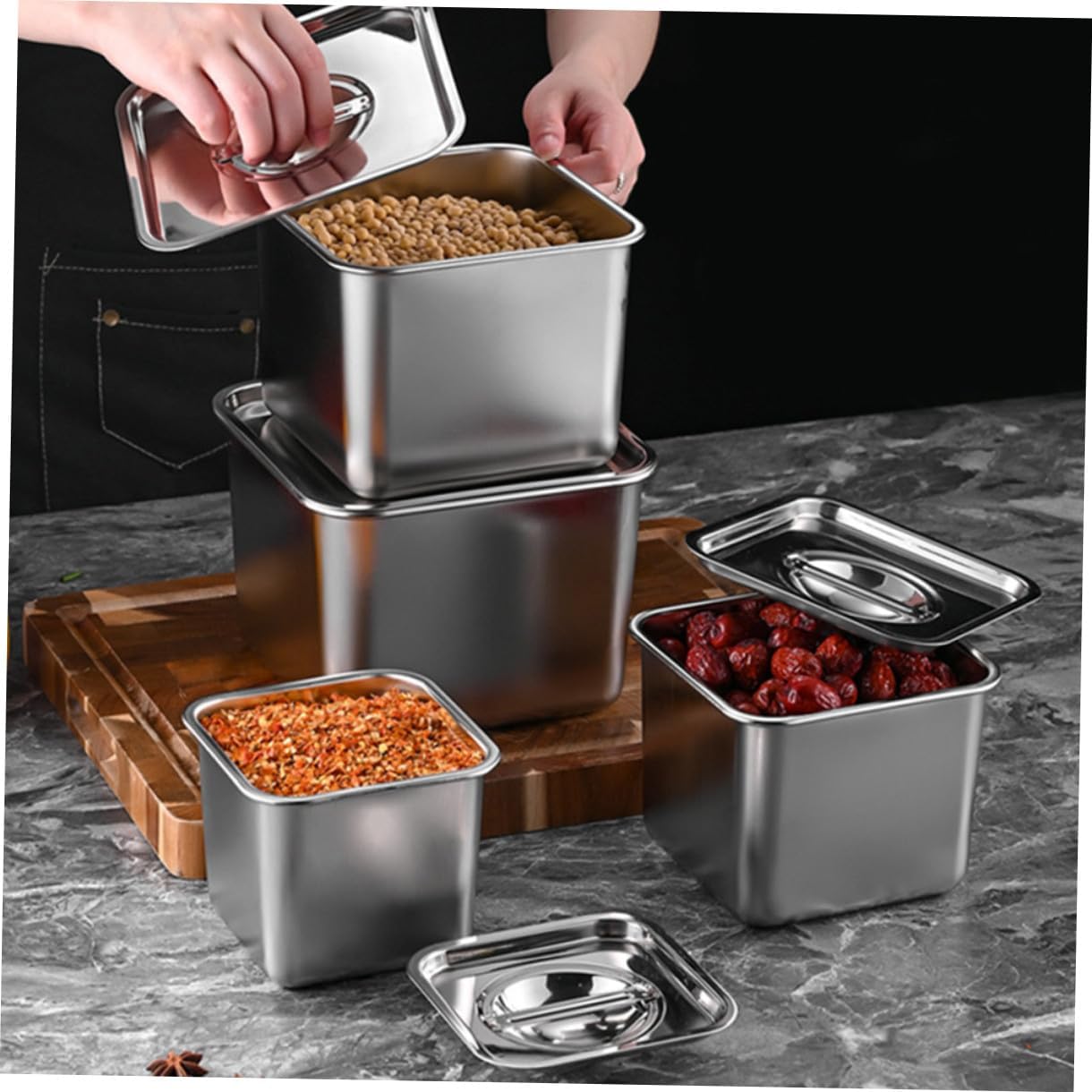 Stainless Steel Condiment Pot with Lid, Square Kitchen Seasoning Jar