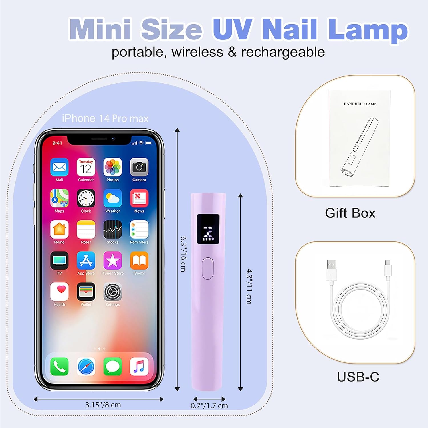 UV Nail Lamp Handheld, Flash Cure Nail Light for Gel Nail Polish LED Single Finger Nail Light Cordless, Rechargeable, Mini & Portable, Purple