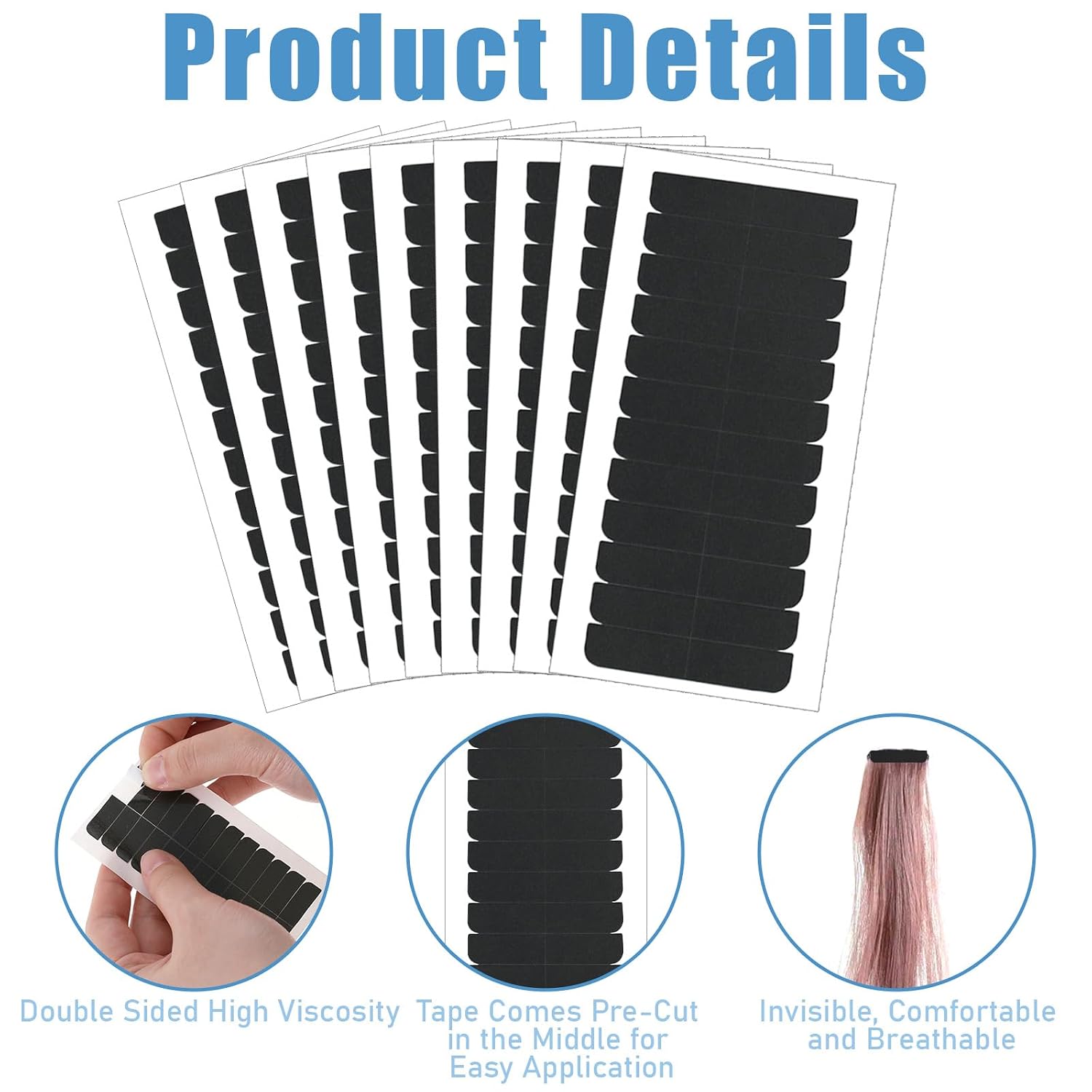 120PCS Black Hair Extension Tape Invisible Waterproof Double Sided Extension Tapes, Adhesive Replacement Tape for Human Hair Extensions, No Residue (4 x 0.8cm/1.57 x 0.31In)