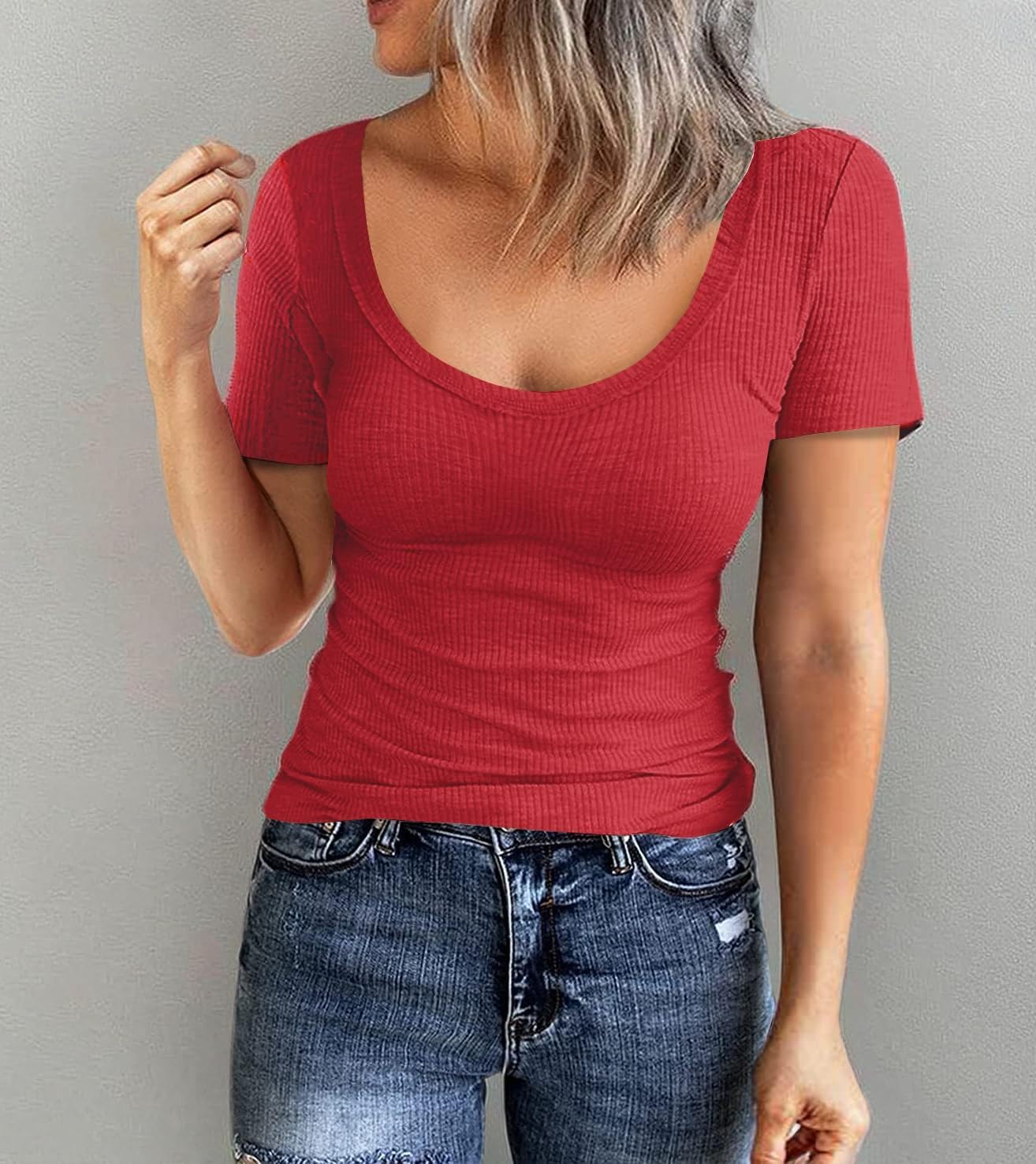 Roselux Women Short Sleeve Scoop Neck Ribbed Fitted Knit Shirt Basic Tight T-Shirts - Image 7