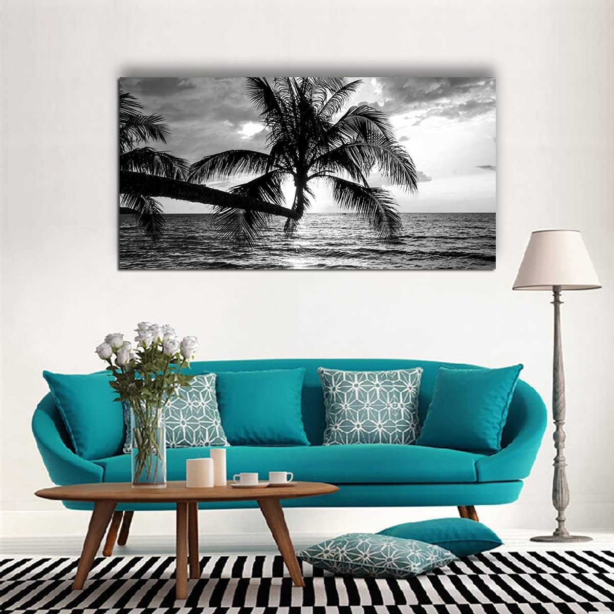 Black and White Palm Tree Canvas Wall Art -Black White Ocean Nature Print -Modern Nature Picture Painting Artwork Framed for Bathroom Living Room Office Wall Decor-20 x40 inch
