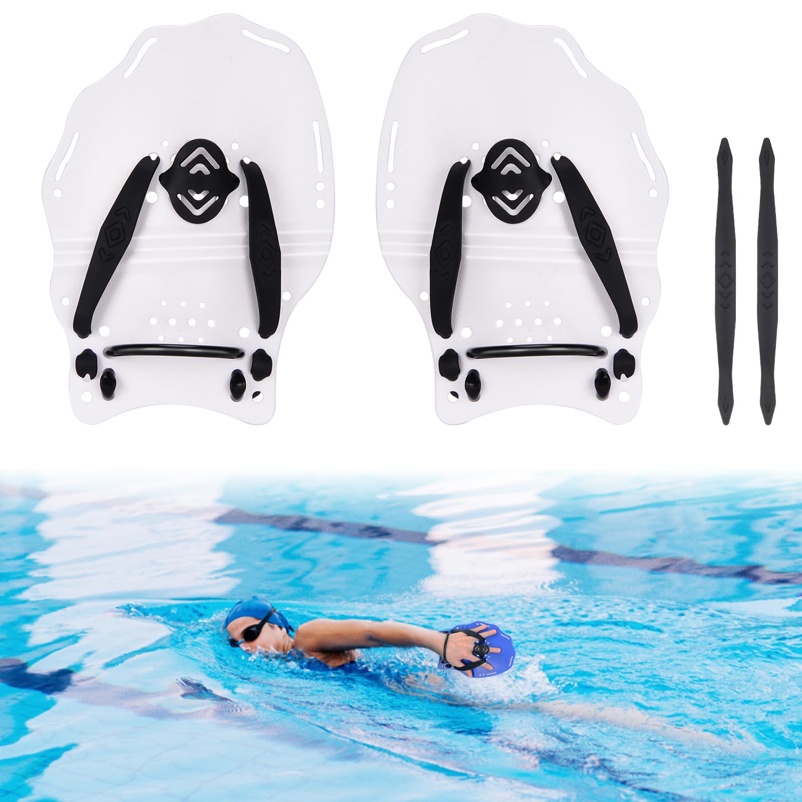Hikeen Swim Paddle Hand for Adult and Junior, Swim Training Hand Paddles with Adjustable Straps, Swimming Hand Paddles for Training (Medium (8.52 x 6.02 in), White)