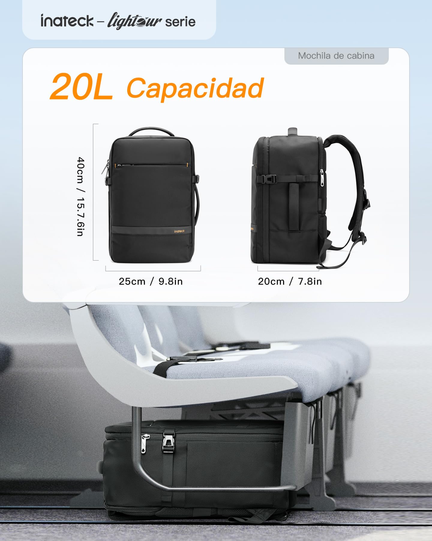 Inateck - Mochila de cabina grande (20 – 42 L, equipaje de mano para viaje de avión delantero, mochila de viaje para negocios y senderismo