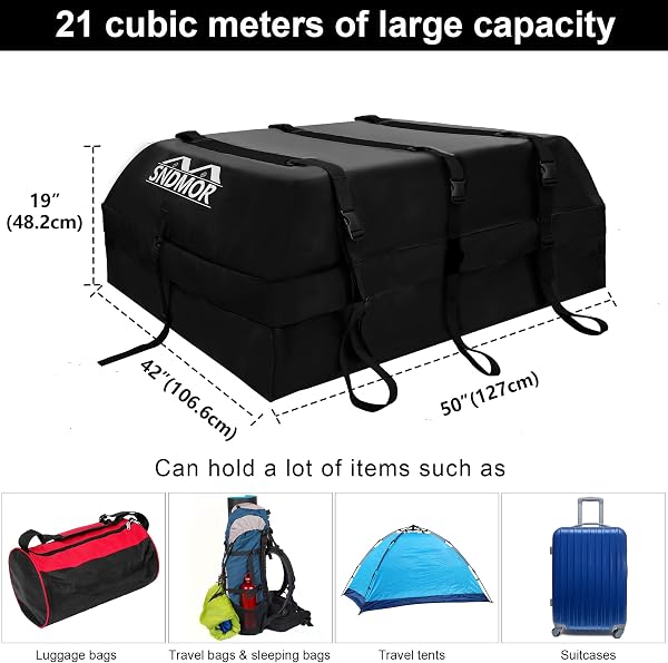 SNDMOR Bolsa de Techo, 595L/21 Pies Cúbicos de Equipaje de Techo Impermeable, Adecuada para Todos Los Vehículos con/Sin Portaequipajes, Incluye Alfombra Antideslizante + 6 Correas de Refuerzo (Negro) - 2