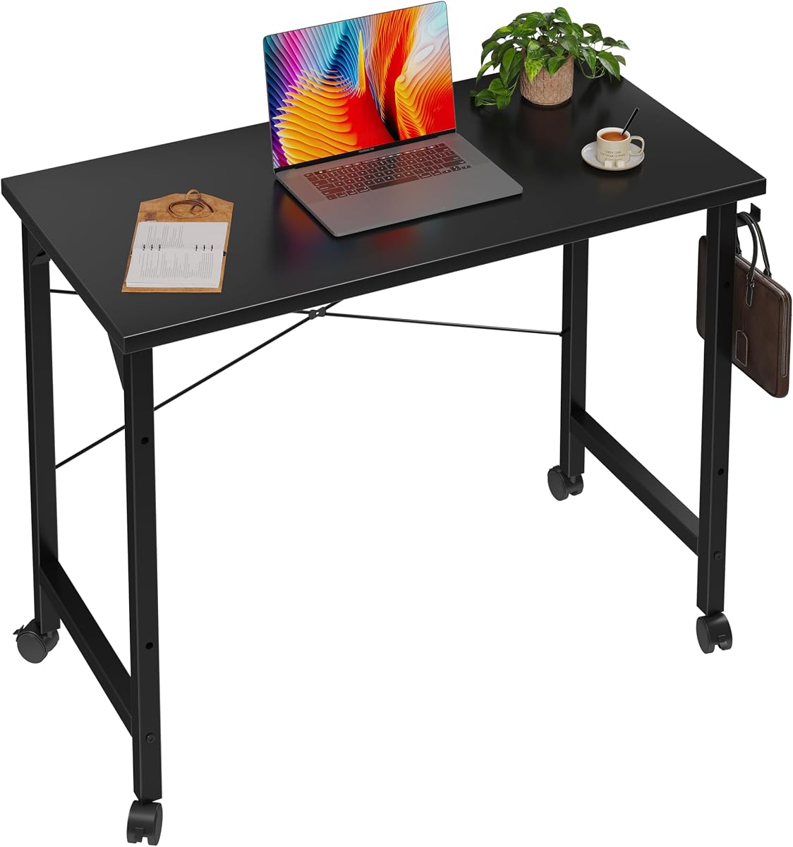 Grandder Rolling Computer Escritorio de 32 pulgadas con ruedas, escritorio pequeño para sala de estar, mesa moderna de estilo simple para oficina en casa, mesa de estudio, ruedas, negro, 32 pulgadas