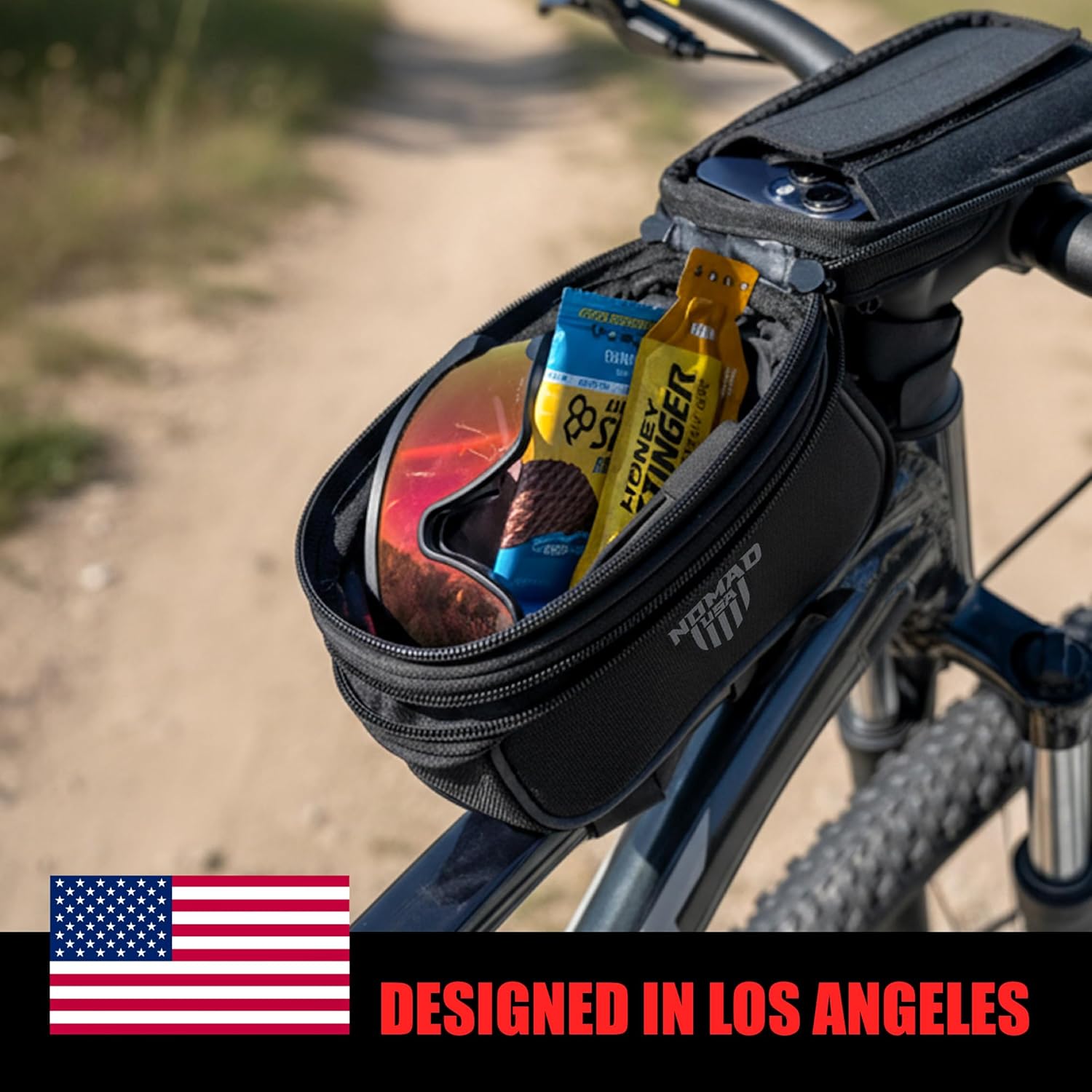 Nomad USA Bicycle Bag, Expandable Bike Tool Pouch Front Frame/Handlebar Bag, Touch Screen Waterproof Cycling Phone Fits All iPhones, Galaxy S25, Pixel Pro, Reflective Top Tube Bag for Bike Accessories