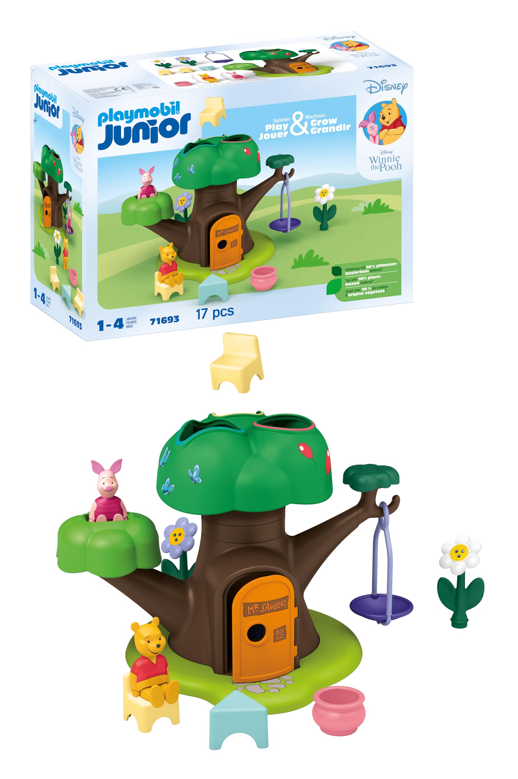 Playmobil Junior & Disney 71693 La casa sull'albero di Winnie the Pooh e Pimpi, giocattolo sostenibile realizzato in plastica a base vegetale, giocattolo per bambini dai 12 mesi in su