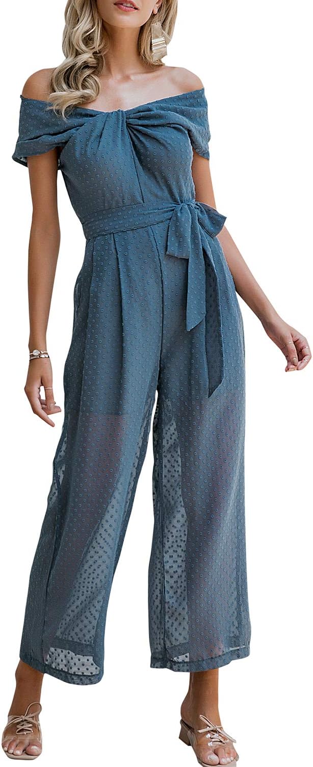 Miessial Women's Elegant Off Shoulder Summer Jumpsuit High Waist Wide Leg Pants Jumpsuit Dark Blue 10
