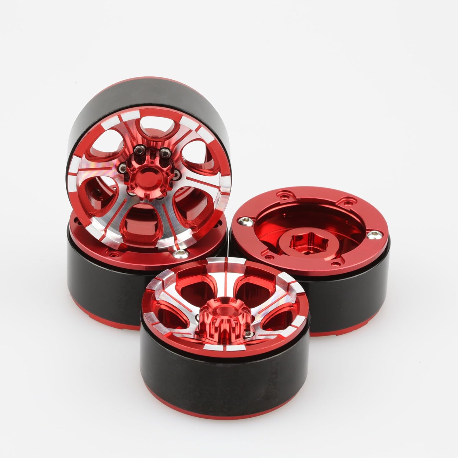 4PC Silver Red 1.9" Alloy Beadlock Wheel Rim Set for 1/10 RC Crawler