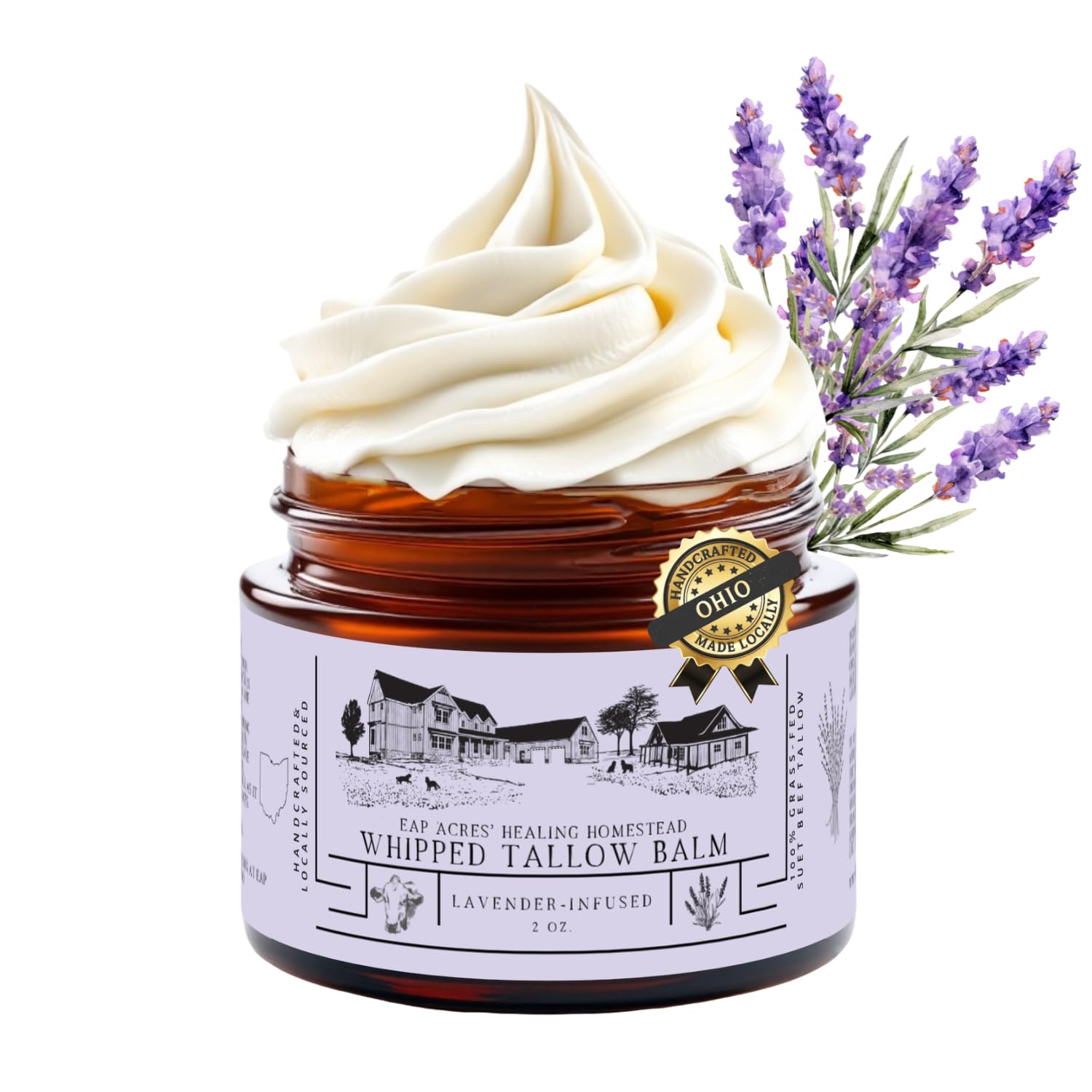 Lavender Infused 100% Grass-Fed Whipped Tallow Balm & Organic Jojoba Oil, Face and Body Moisturizer for Dry, Sensitive Skin, Eczema, (Lavender Infused)
