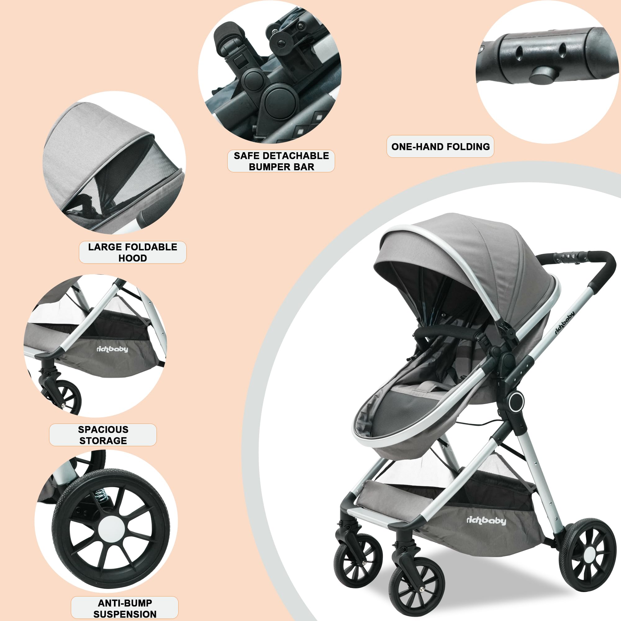 Passeggino 2 in 1 con navicella, compatto, pieghevole, protezione UV