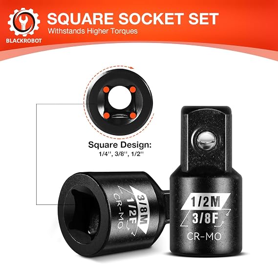BLACKROBOT 4 Piece Impact Socket Adapter Set, 1/4 3/8 1/2 SAE Drive Socket Adapter Set, Square Adapter and Reducer Conversion Set for Impact Driver Wrench, Cr-Mo Steel