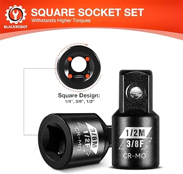 BLACKROBOT 4 Piece Impact Socket Adapter Set, 1/4 3/8 1/2 SAE Drive Socket Adapter Set, Square Adapter and Reducer Conversion Set for Impact Driver Wrench, Cr-Mo Steel