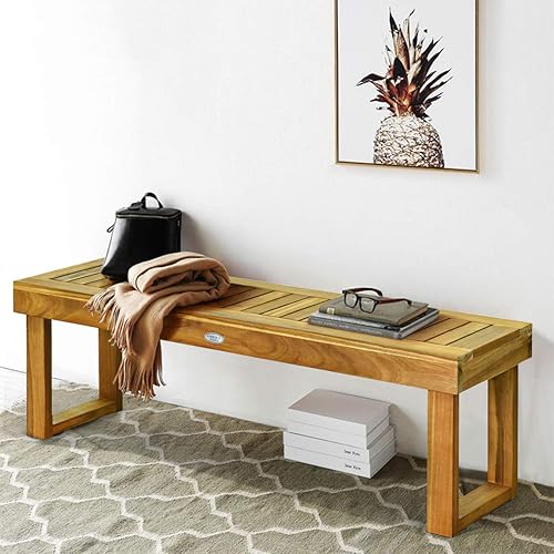 Miniatura 4 de Tangkula Banco de madera de acacia de 52 pulgadas para exteriores, banco de madera para comedor, entrada, jardín junto a la piscina, banco de